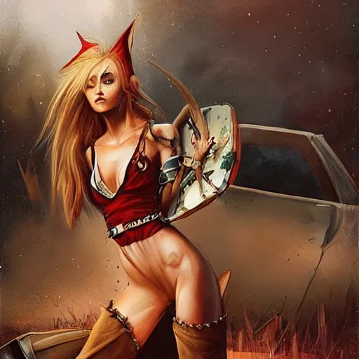 Image similar to a skinny high-fantasy elf with a long narrow face and spiky blonde hair wearing dark brown overalls and holding a bomb next to a destroyed car, painting by Charlie Bowater