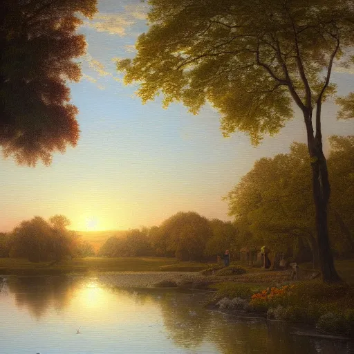 Image similar to a painting of a duck pond at sunset, surrounded by flower bushes, a detailed matte painting by Robert S. Duncanson, deviantart, hudson river school, terragen, trending on artstation