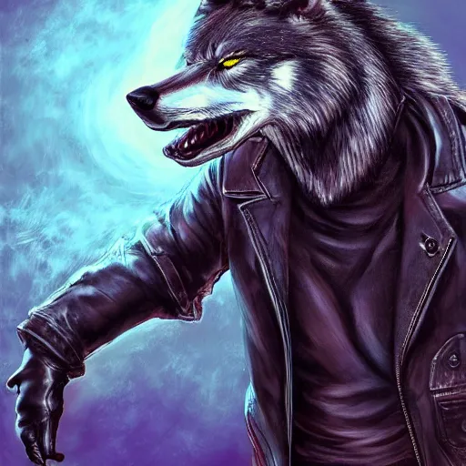 Image similar to A wolf with a small head wearing a leather jacket and leather jeans and leather gloves, trending on FurAffinity, energetic, dynamic, digital art, highly detailed, FurAffinity, high quality, digital fantasy art, FurAffinity, favorite, character art