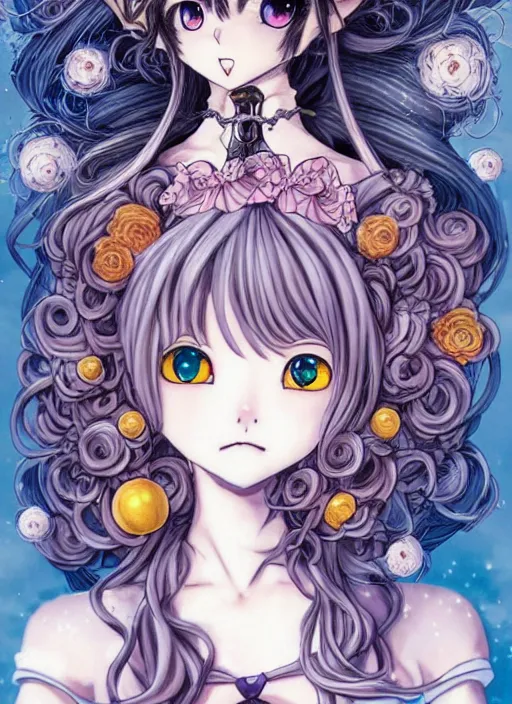 Image similar to fantastic manga character design of beautiful cat girl witch with a robot, curls hair, rococo ruffles dress, rosette, symmetrical face, cute, fairy, by mai yoneyama, takeshi obata, katsuhiro otomo, kelly mckernan, detailed background, illustration, artstation, concept art, highly detailed, colorful, maximalist