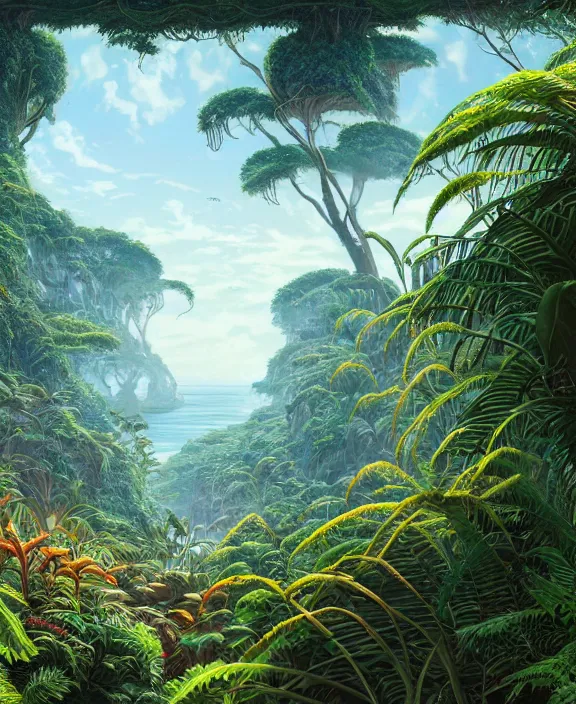 Prompt: an enormous conservatory, overgrown with huge weird ferns and exotic fungus, on an ocean cliff side, noon, sun drenched, partly cloudy, by dan mumford, yusuke murata, makoto shinkai, ross tran, cinematic, unreal engine, cel shaded, featured on artstation, pixiv