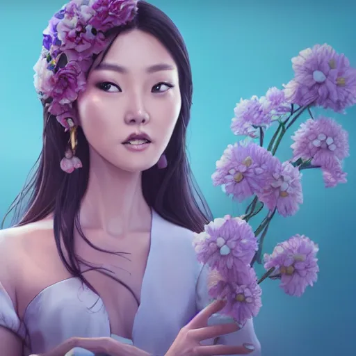 Prompt: portrait of hong jin - young, 홍진영, smiling with flowers in hands. sharp focus, cinematic pose, cinematic lighting, unreal engine render. art by josan gonzales and moebius and deathburger.