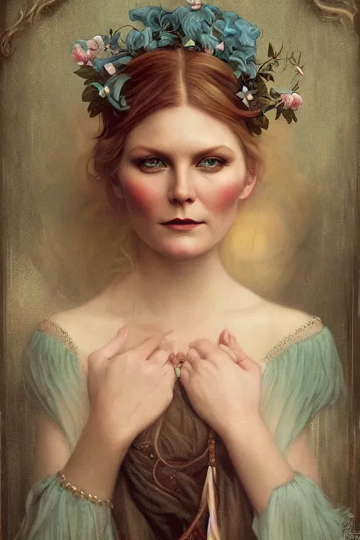 Image similar to Kirsten Dunst by Tom Bagshaw in the style of Gaston Bussière, art nouveau