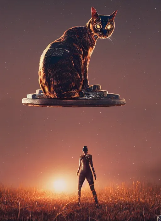 Image similar to giant cyborg cat on a dusky land, cinematic shot, intricate, ornate, photorealistic, ultra detailed, trending artstaition, realistic, 1 0 0 mm, photography, octane, high definition, depth of field, bokeh, 8 k