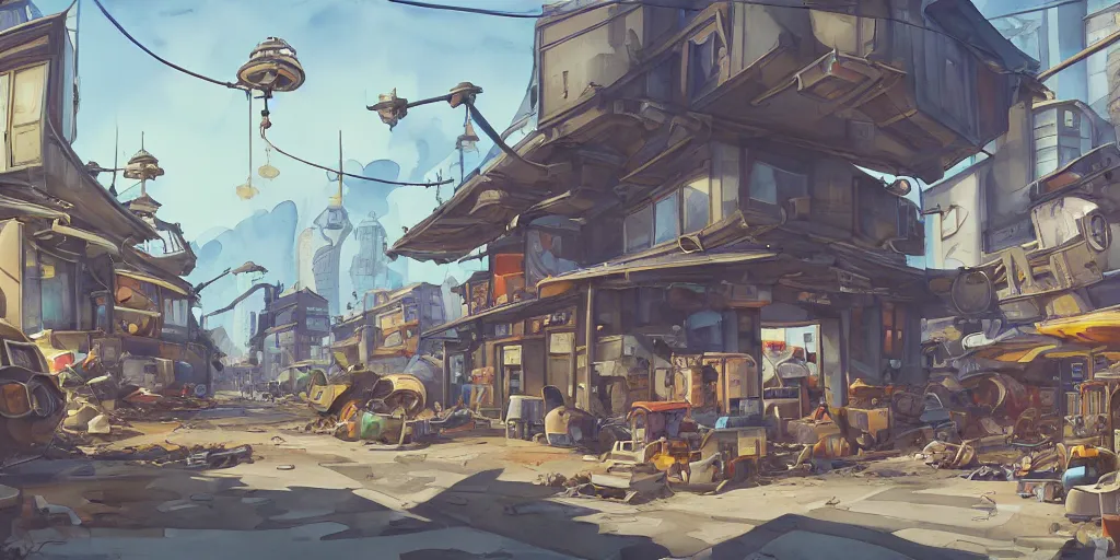 Image similar to overwatch building, stylized, exterior, architecture, in watercolor gouache detailed paintings, insanely detail, artstation, 8 k, futuristic, big medium small, arcane, simon stalenhag, food stall, interesting shapes & form, golden ratio, megastructures, vitaly bulgarov, slums, junkyard, oriental, asian, japanese alleyway