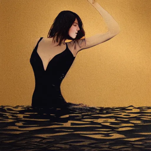 Image similar to photorealistic portrait of a beautiful brunette drowning into black waters with a golden dress