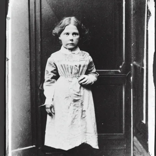 Image similar to an old photograph of a victorian child facing away from the camera, pointing at a glowing doorway