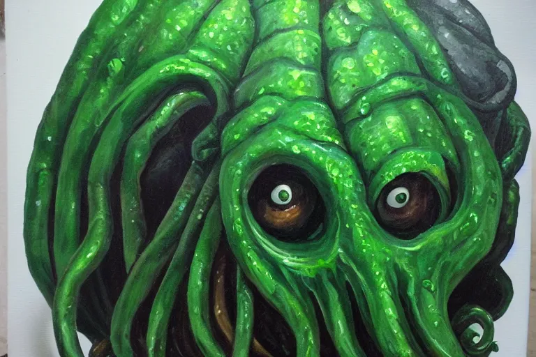 Image similar to cthulhu made of limes, painted in oil paint