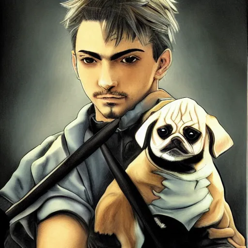 Image similar to self portrait, young white hispanic handsome man with short light brown hair and light skin and a 5 o clock shadow and holding a pug while fighting against 2 swordsmen pencil art, added detail, high definiton, colored, backfacing, illustrated by yoji shinkawa