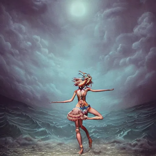 Prompt: a atompunk art raver girl dancing on beach rain and fog peter mohrbacher and chris dyer, intricate detail, finely detailed, small details, extra detail, photorealistic, high resolution, vray, hdr, hyper detailed, insane details, intricate, elite, ornate, elegant, luxury, dramatic lighting, octane render, weta digital, micro details, 3 d sculpture