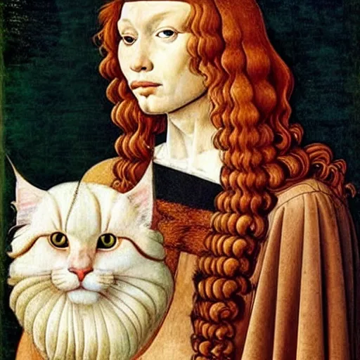 Image similar to beautiful renaissance painting portrait of ginger maine coon with white beard by sandro botticelli, jan van eyck, tiziano vecelli, piero della francesca