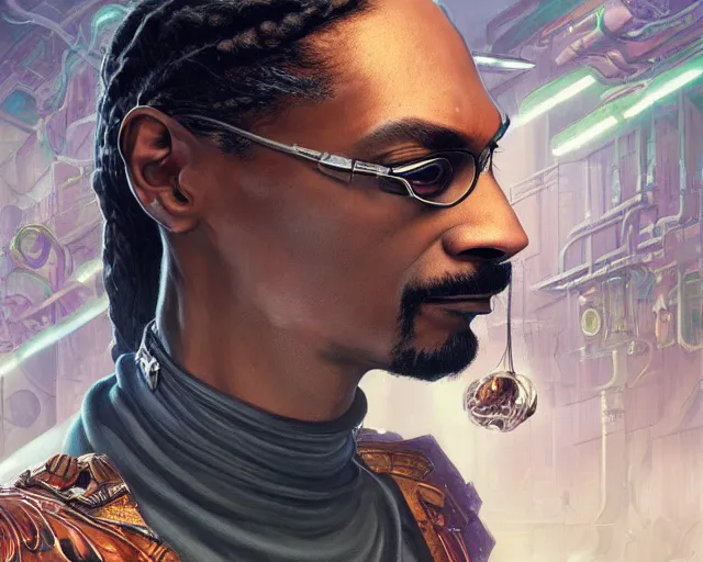 Image similar to man snoop dogg with cyberpunk implants, deep focus, d & d, fantasy, intricate, elegant, highly detailed, digital painting, artstation, concept art, matte, sharp focus, illustration, hearthstone, art by artgerm and greg rutkowski and alphonse mucha