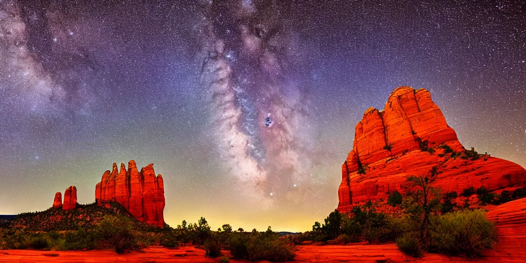 Image similar to long distance shot, sedona's cathedral rock bluff, night, milky way, intricate lines, elegant, extreme detail, sharp focus, photo realistic, ultra realistic, photographic