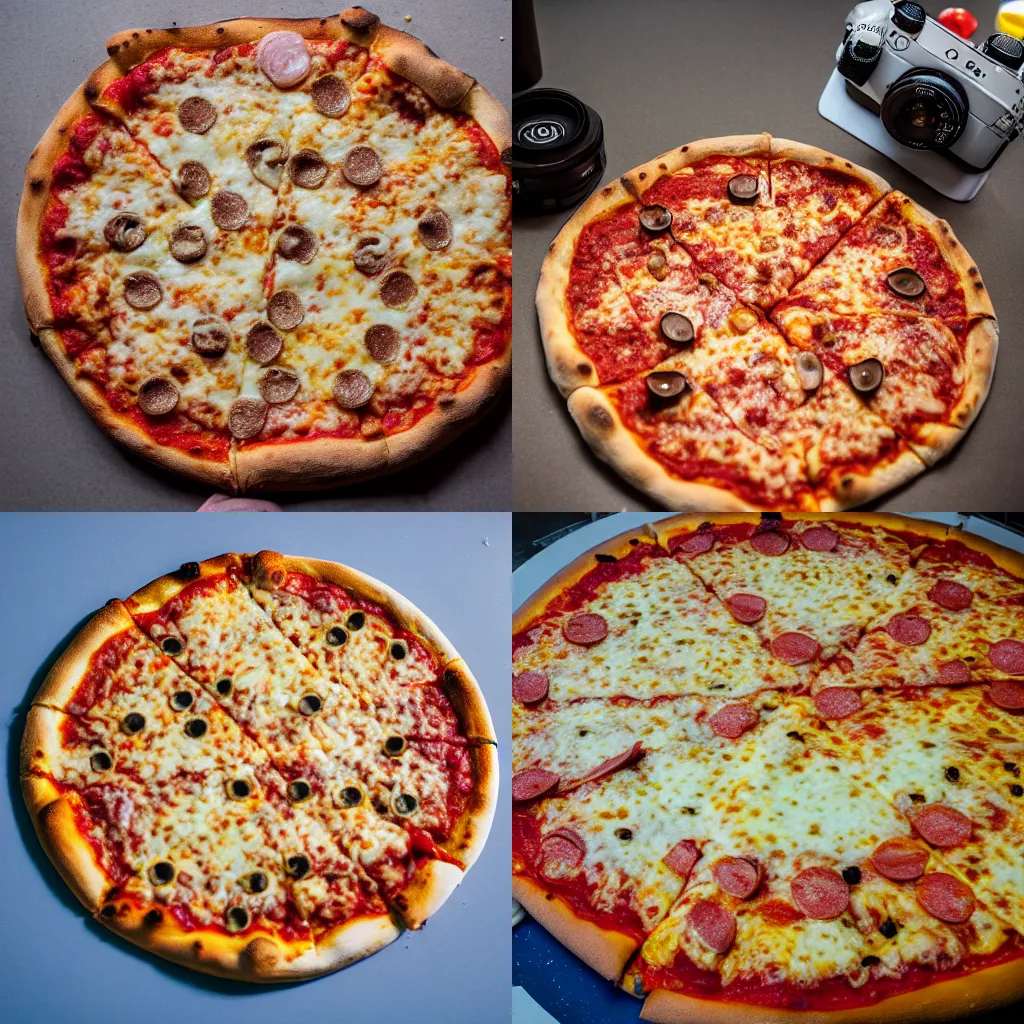 Prompt: a found footage of a close-up 35mm photograph of a pizza, shot on sony alpha dslr-a300