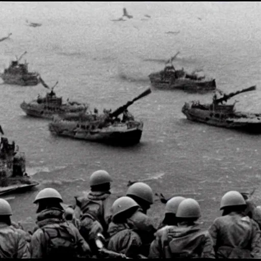 Image similar to go pro footage of d - day invasion, violent, blood, render