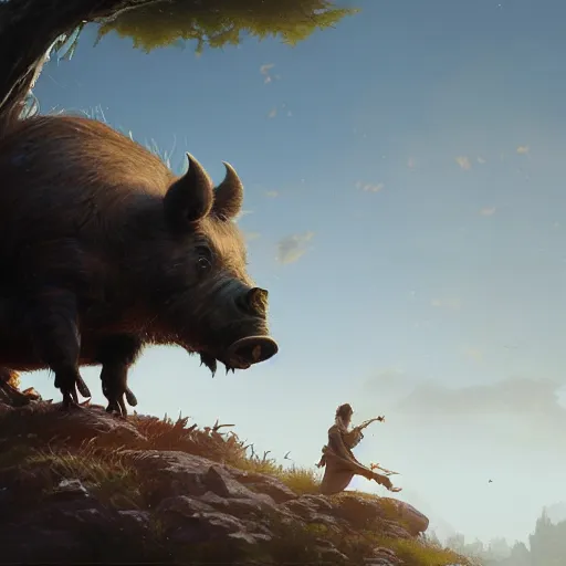 Image similar to highly detailed big boar, stephen bliss, unreal engine, fantasy art by greg rutkowski, loish, rhads, ferdinand knab, makoto shinkai and lois van baarle, ilya kuvshinov, rossdraws, tom bagshaw, global illumination, radiant light, detailed and intricate environment