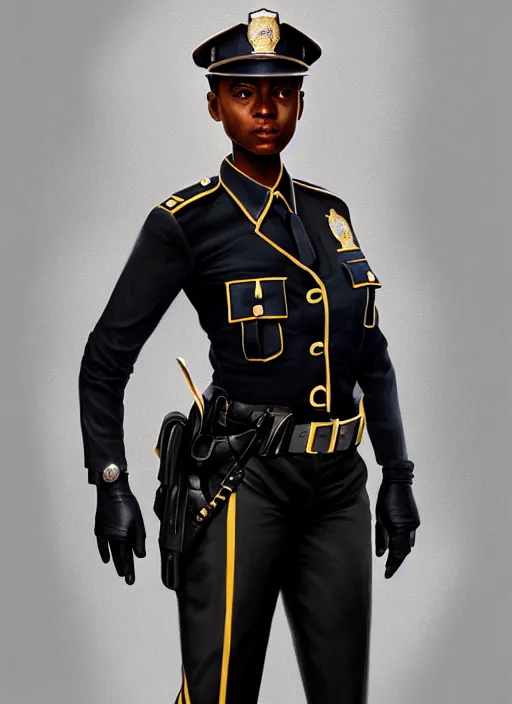 Image similar to full body portrait of young black woman as a police officer, police uniform, intricate, beautiful and elegant, highly detailed, digital painting, artstation, concept art, smooth, sharp focus, illustration, art by wlop, mars ravelo and greg rutkowski