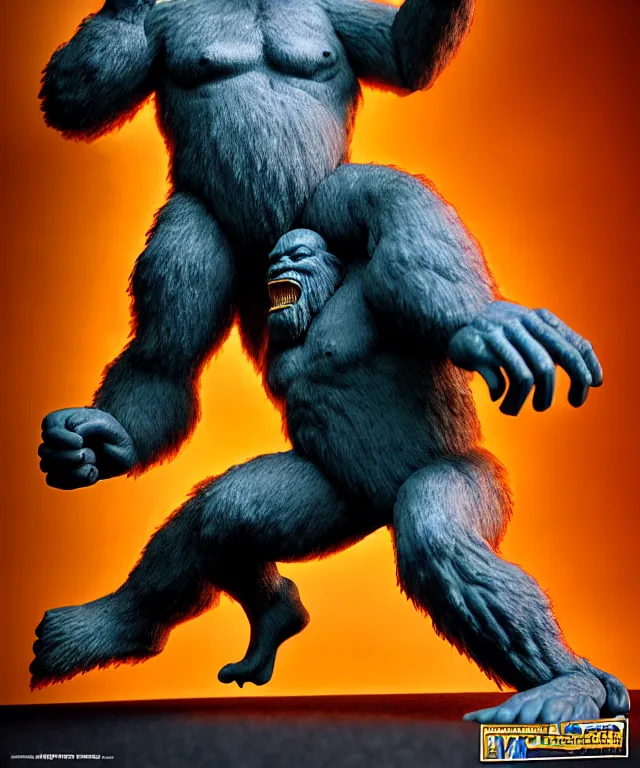 Image similar to hyperrealistic rendering, epic boss battle, bigfoot sasquatch, by art of skinner and richard corben, product photography, collectible action figure, sofubi, hottoys, storm clouds, outside, lightning