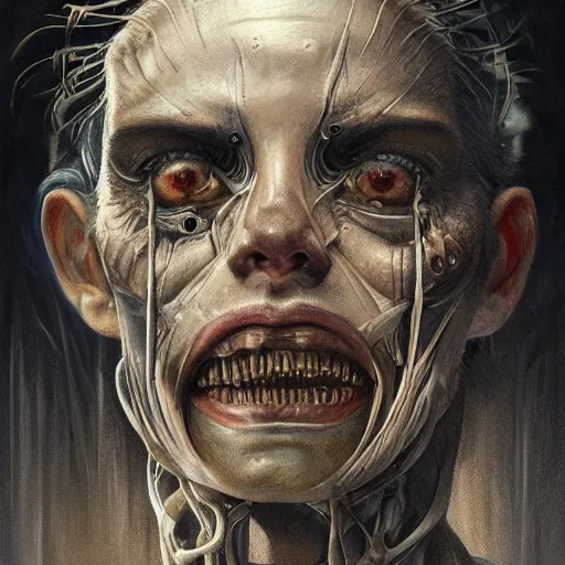 Image similar to surreal portrait of a man by Greg Rutkowski and H.R Giger, symmetrical face, biomechanical transhuman god, disturbing, terrifying but fascinating, with a determined and sinister expression on his face, cosmic void background, frightening, fascinating, highly detailed portrait, digital painting, book cover, artstation, concept art, smooth, sharp foccus ilustration, Artstation HQ