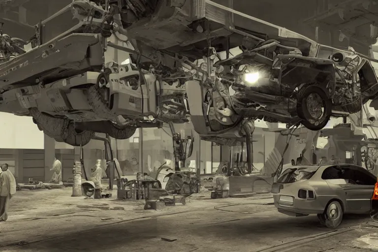 Image similar to repairing a vehicle on a machine world, year 2 0 0 3, photorealistic