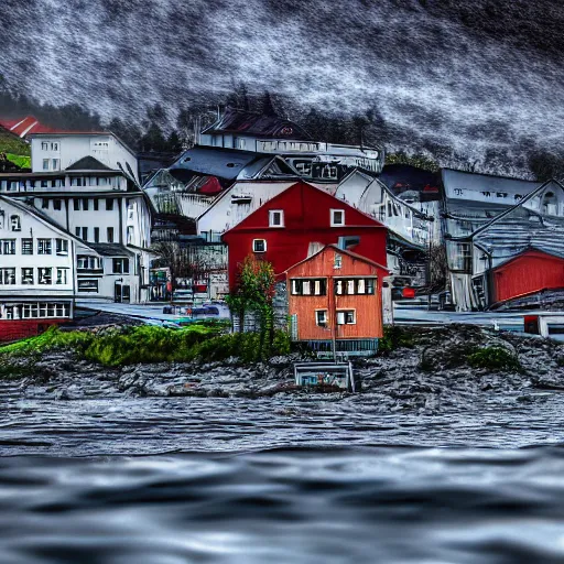 Image similar to tsunami hits bergen norway, real event, realistic, hdr, clear image,