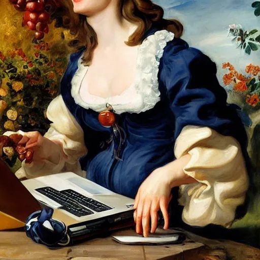 Image similar to heavenly summer sharp land sphere scallop well dressed lady working on her laptop drinking a starbucks coffee auslese, by peter paul rubens and eugene delacroix and karol bak, hyperrealism, digital illustration, fauvist