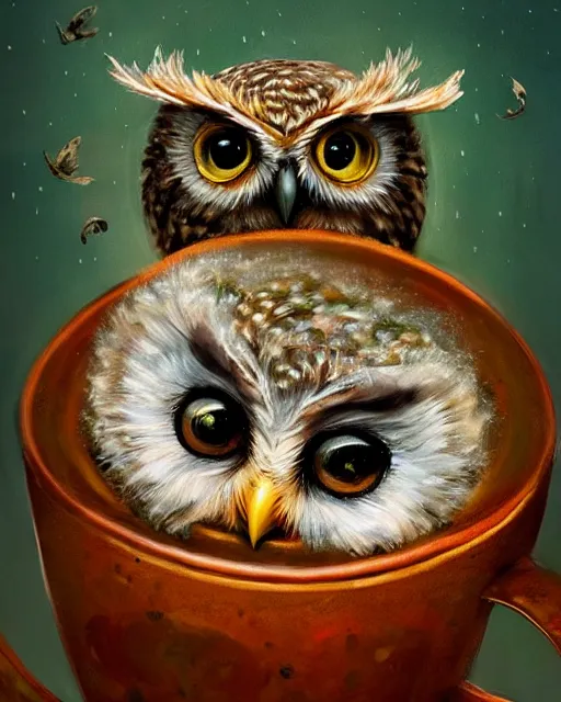 Image similar to long shot of a very cute owl chick nesting in a mug, esao andrews, humorous illustration, hyperrealistic, big depth of field, warm colors, night scenery, low light, 3 d octane render, 4 k, concept art, hyperdetailed, hyperrealistic, trending on artstation