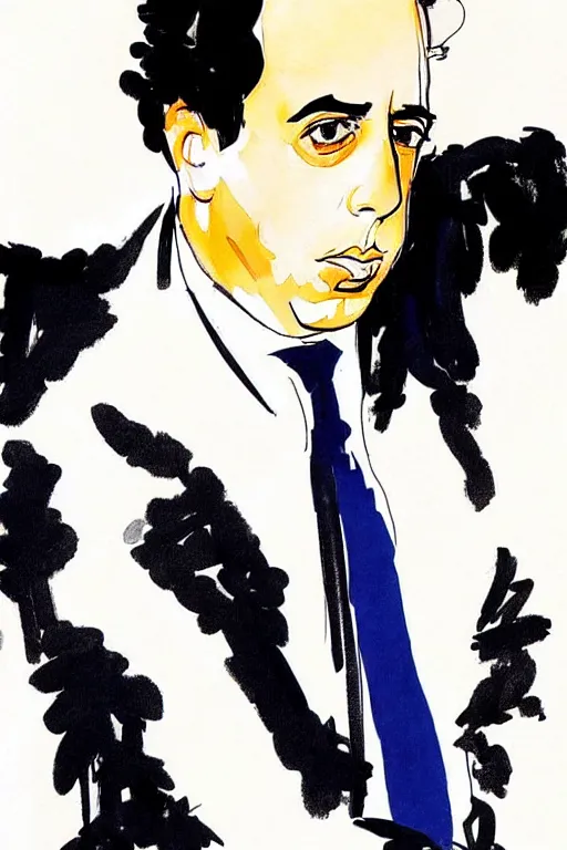 Prompt: beautiful portrait of serious looking Jerry Seinfeld by Milo manara and David downton