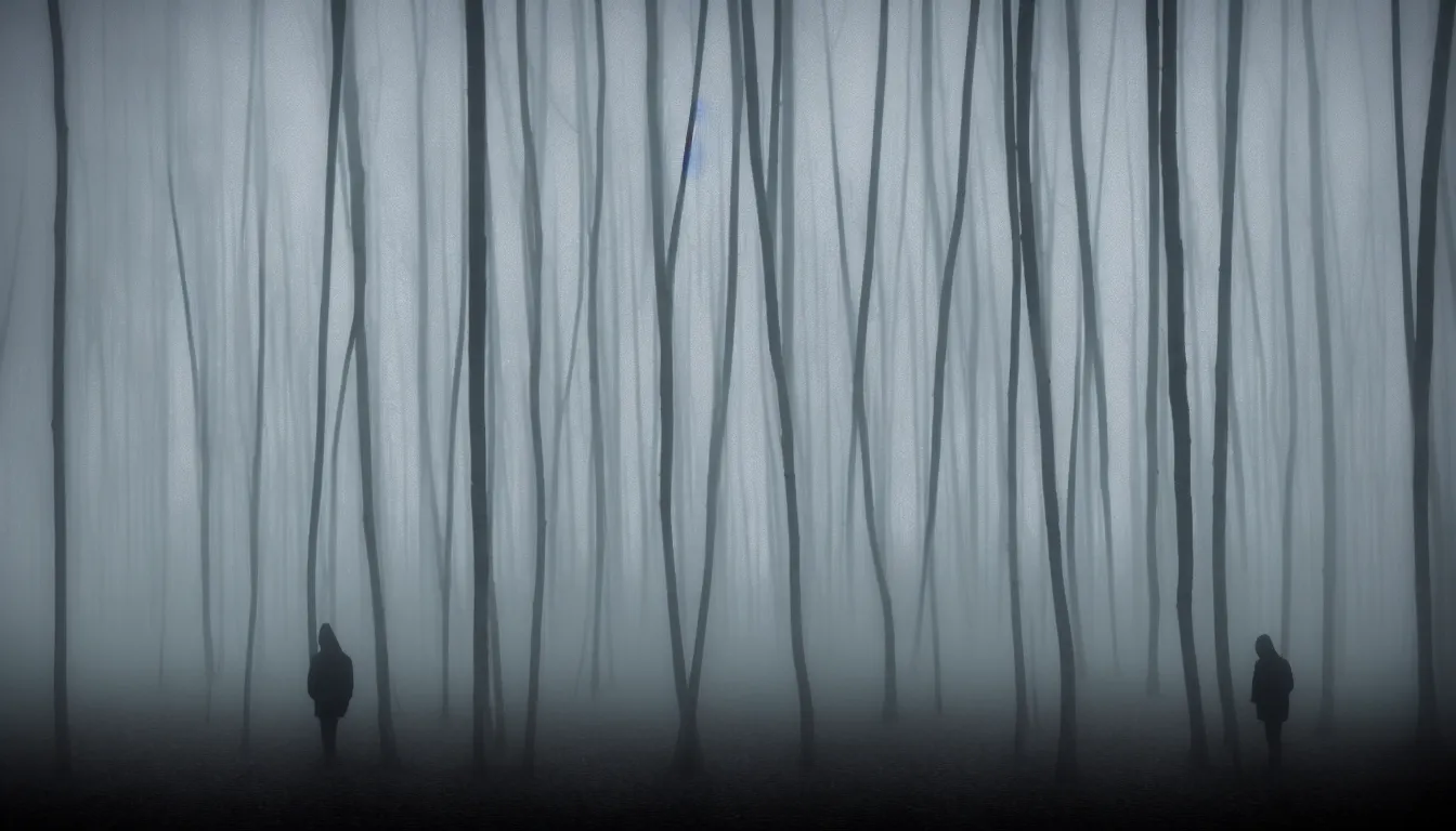 Image similar to silhouette of a person inspecting flood foggy thin birch swamp, scary, dark, atmospheric, ambient vibe, very detailed, 8 k