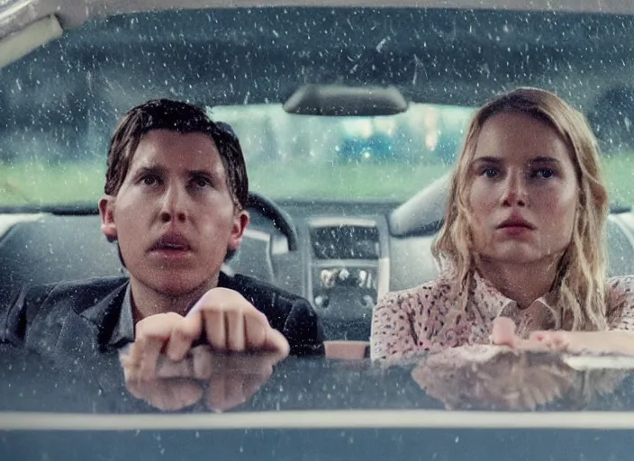 Image similar to A very high resolution image from a new movie, inside of a car, raining, hot, directed by wes anderson