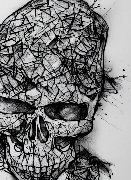 Image similar to close up of a shattered skeleton, head and shoulders, ink on paper
