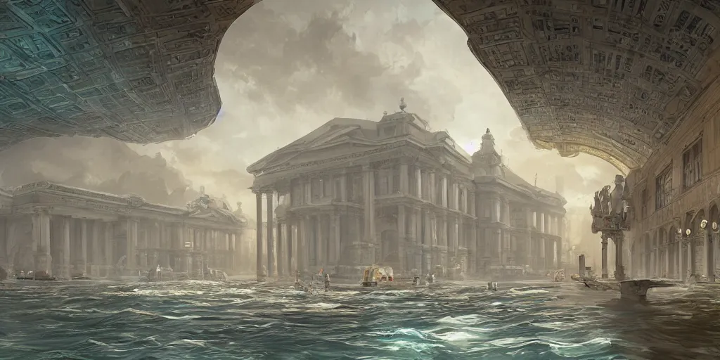 Prompt: neo - classical train station of massive proportions in an underwater city, illustration by yoann lossell, raphael lacoste