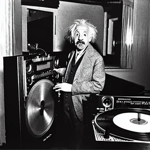 Image similar to color photograph of Albert Einstein DJing a record player at a nightclub, color photograph