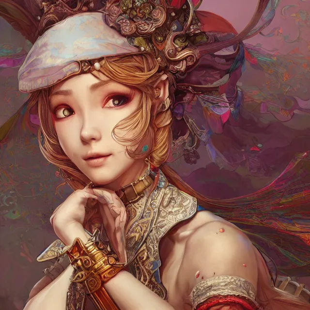 Image similar to portrait of neutral good colorful female cleric bard healer as absurdly beautiful, elegant, young skinny gravure idol, ultrafine hyperdetailed illustration by kim jung gi, irakli nadar, intricate linework, sharp focus, bright colors, octopath traveler, final fantasy, unreal engine highly rendered, global illumination, radiant light, detailed intricate environment