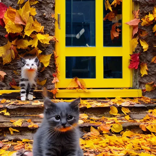 Prompt: anthropomorphic cute kitten wearing a yellow raincoat and yellow boots getting on the school bus on the first day of kindergarten, with colorful fall leaves and light rain, medium shot