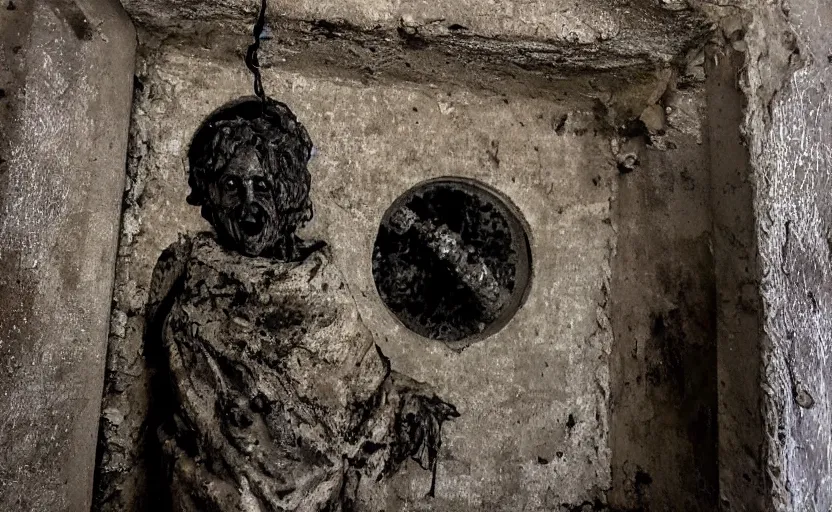 Prompt: several decrepit creepy statues of the archangel gabriel smiling, placed throughout a dark claustrophobic old sewer, realistic, underexposed photography, security camera footage, wide shot, sinister, foreboding, grainy photo