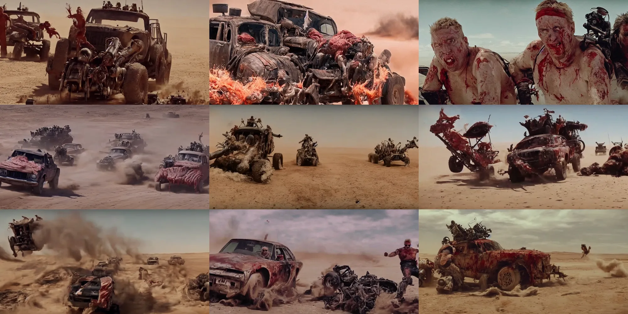 Prompt: gopro footage of donald trump getting mangled in mad max : fury road, blood and bone, wet shredded red meat