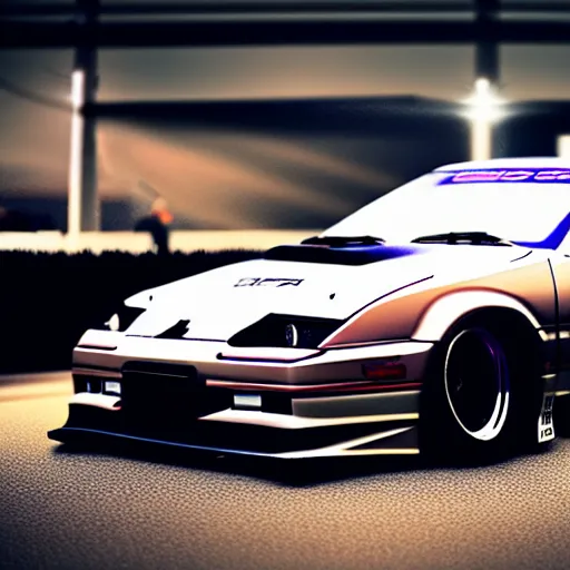 Image similar to a car 300ZX turbo drift at illegal car meet, Saitama prefecture, midnight mist lights, cinematic color, photorealistic, highly detailed wheels, highly detailed