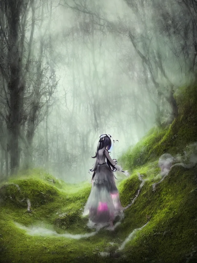 Prompt: cute fumo plush girl gothic maiden walking through the mossy rosy grandeur gate of the fallen kingdom, tattered striped trailing dress of glowing wispy melting billowing smoke and fog, ethereal volumetric light shaft fog, puddles, unnatural color, rule of thirds, vignette, vray