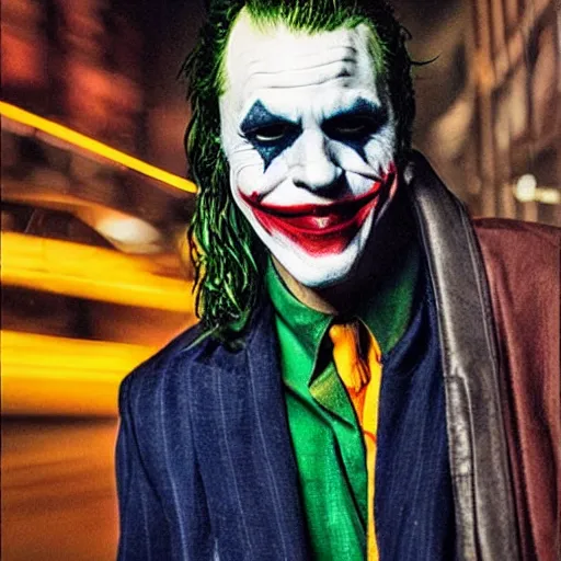 Image similar to night flash portrait photography of thejoker on the lower east side by annie leibovitz, colorful!!, nighttime!, raining!