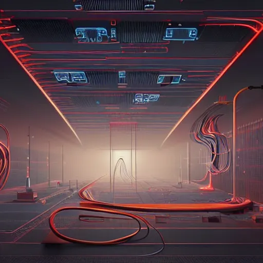 Prompt: a vast modern computing center with Cray XMP with furniture, floor tiles, exposed circuit boards and complexes of wiring, nixie tubes and tesla coils. immaculate octane redshift concept art render by Zdzisław Beksiński, by beeple, by Artgerm, beautiful modern colors, ultradetailed, 4k ultra, keyframe, very coherent artwork, cinematic, hyper realism, high detail chromatic ink outline, octane render, unreal engine, 8k, High contrast, golden ratio, trending on cgsociety, ultra high quality model, production quality cinema model