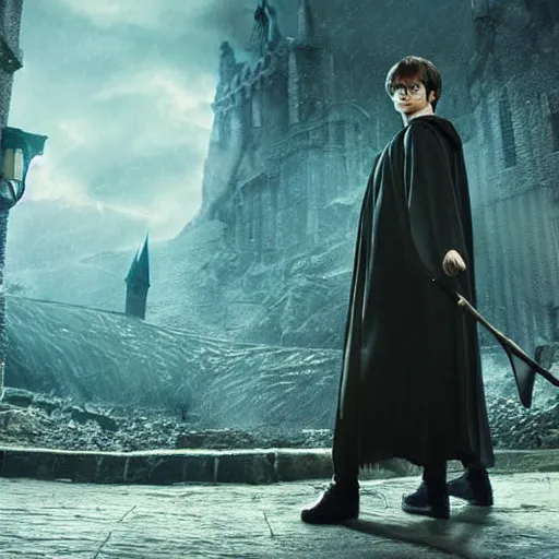 Image similar to Harry potter standing and holding a short wand, magic aura, side view, daniel radcliffe, thunderclouds, cinematic shot, wide shot, epic scale, waving robe movement, photorealistic detail and quality, intricate cobblestone, floating rocks, particle effects, movie still, nighttime, crescent moon, sharp and clear, action shot, intense scene, visually coherent, symmetry, rule of thirds, movement, photorealistic colors, cool colors transitioning to warm colors, modest tone, award winning, directed by Steven Spielberg, Christopher Nolan, Tooth Wu, Asher Duran, artstation