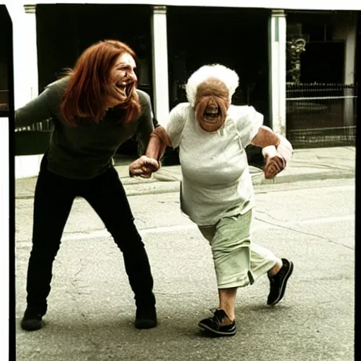 Image similar to candid photo of Aphex Twin chasing an old lady down the street, sunny day,