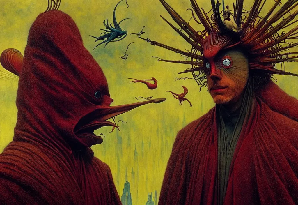 Image similar to realistic detailed portrait movie still of a birdman wearing dark robe, sci fi landscape background by denis villeneuve, amano, yves tanguy, alejandro jodorowsky, alphonse mucha, max ernst, ernst haeckel, roger dean, masterpiece, rich moody colours, snarling dog teeth