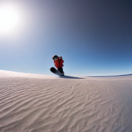 Prompt: A long shot of An astronaut snowboarding on Marsian sand dunes, with wide angle lens, 15 mm