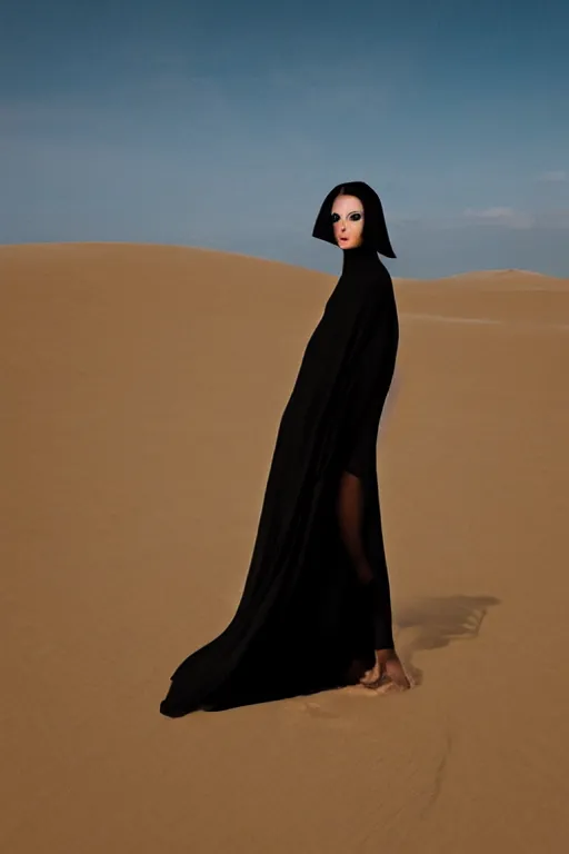 Prompt: An film still of a futuristic girl wearing black cape in perfect sand dunes featured in Vogue and GQ editorial fashion photography, Anaglyph, tilted 35° frame, dutch angle, beautiful eye, symmetry face, Long shot wide shot full shot, haute couture dressed by Givenchy and Salvatore Ferragamo, Canon EF 85mm f/1.4L IS USM