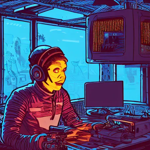 Image similar to in the style of max prentis and deathburger and laurie greasley a young explorer wearing a cyberpunk headpiece playing video games in his treehouse, highly detailed, midnight, 8 k wallpaper