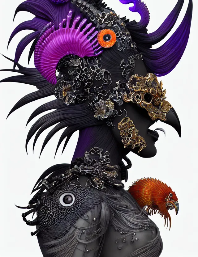 Image similar to 3 d goddess close - up profile portrait punk with mohawk with ram skull. beautiful intricately detailed japanese crow kitsune mask and clasical japanese kimono. betta fish, jellyfish phoenix, bio luminescent, plasma, ice, water, wind, creature, artwork by tooth wu and wlop and beeple and greg rutkowski