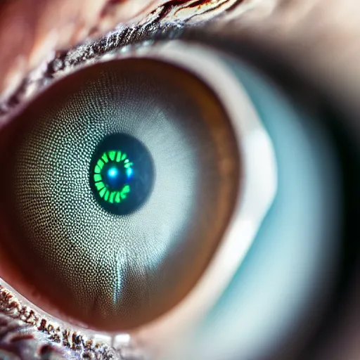 Image similar to macro close-up of a (iris of the human eye), with futuristic cybernetic AR implants, high reflection, alert, crisp, detailed, 8K, 4K