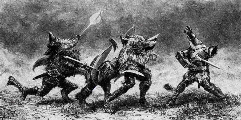 Image similar to anthropomorphic furry wolf in armor fighting in a battlefield, 1900s picture